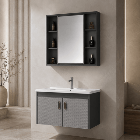 Wahkit Bathroom Vanity & Cabinets Wahkit Grey Textured PVC Bathroom Vanity with Basin and Mirror Cabinet 600mm - K-0356C