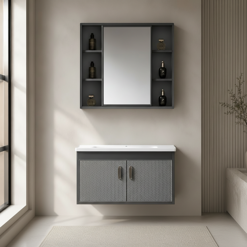 Wahkit Bathroom Vanity & Cabinets Wahkit Grey Textured PVC Bathroom Vanity with Basin and Mirror Cabinet 600mm - K-0356C