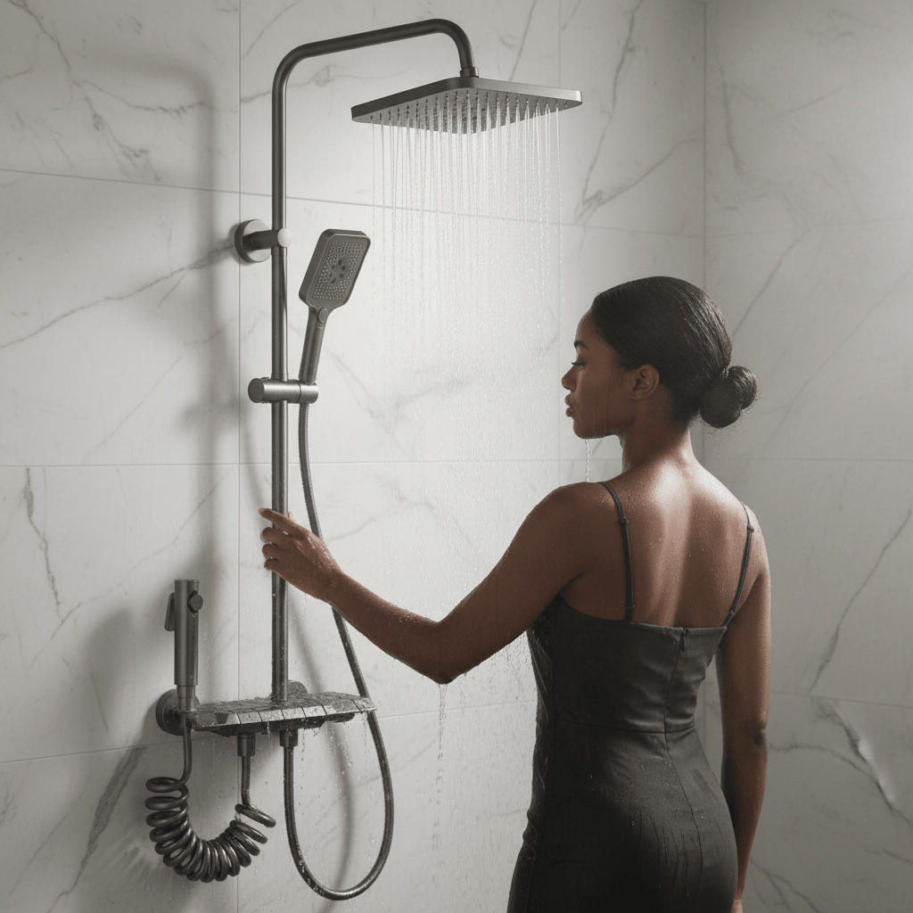 Wahkit Shower Set & Head Wahkit Gunmetal Shelf Bar Wall Mounted Shower System in Copper - K-8879Q