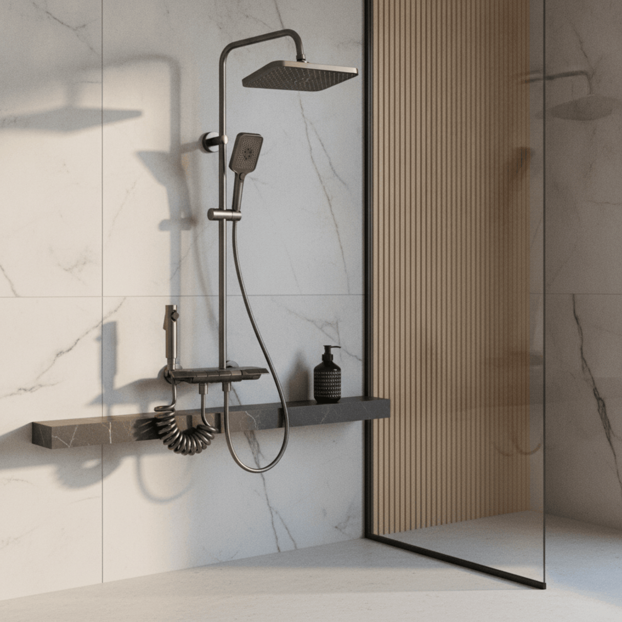 Wahkit Shower Set & Head Wahkit Gunmetal Shelf Bar Wall Mounted Shower System in Copper - K-8879Q