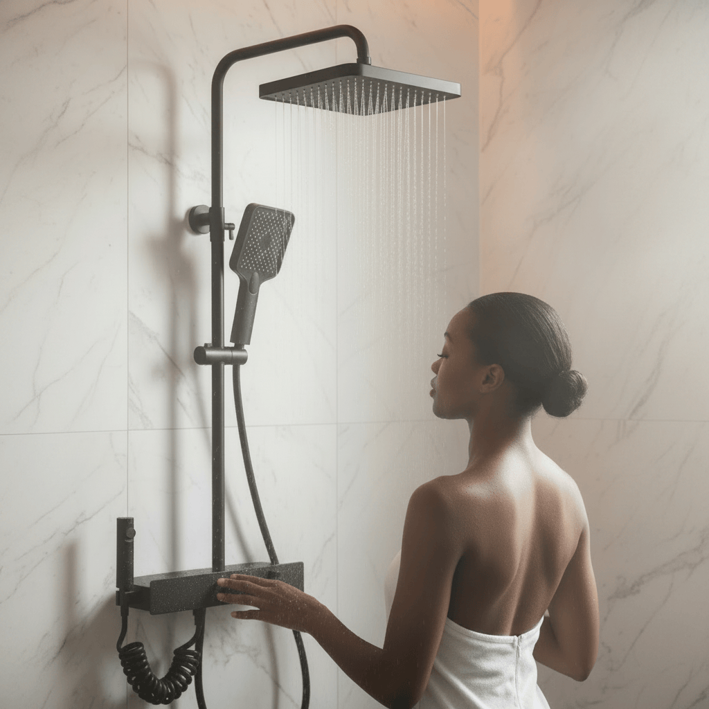 Wahkit Shower Set & Head Wahkit Gunmetal Shelf Bar Wall Mounted Shower System in Stainless Steel and PPA - K-8839A