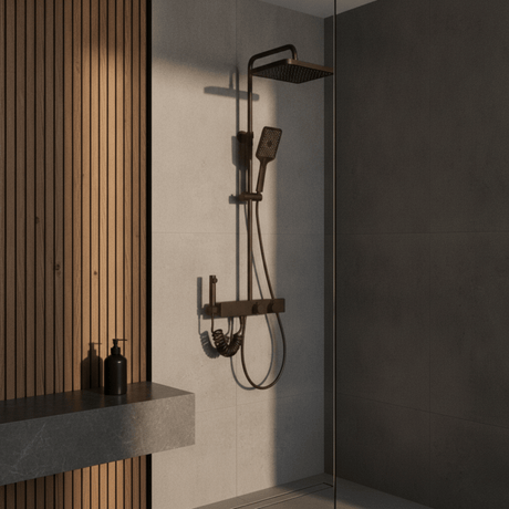 Wahkit Shower Set & Head Wahkit Gunmetal Shelf Bar Wall Mounted Shower System in Stainless Steel and PPA - K-8839A