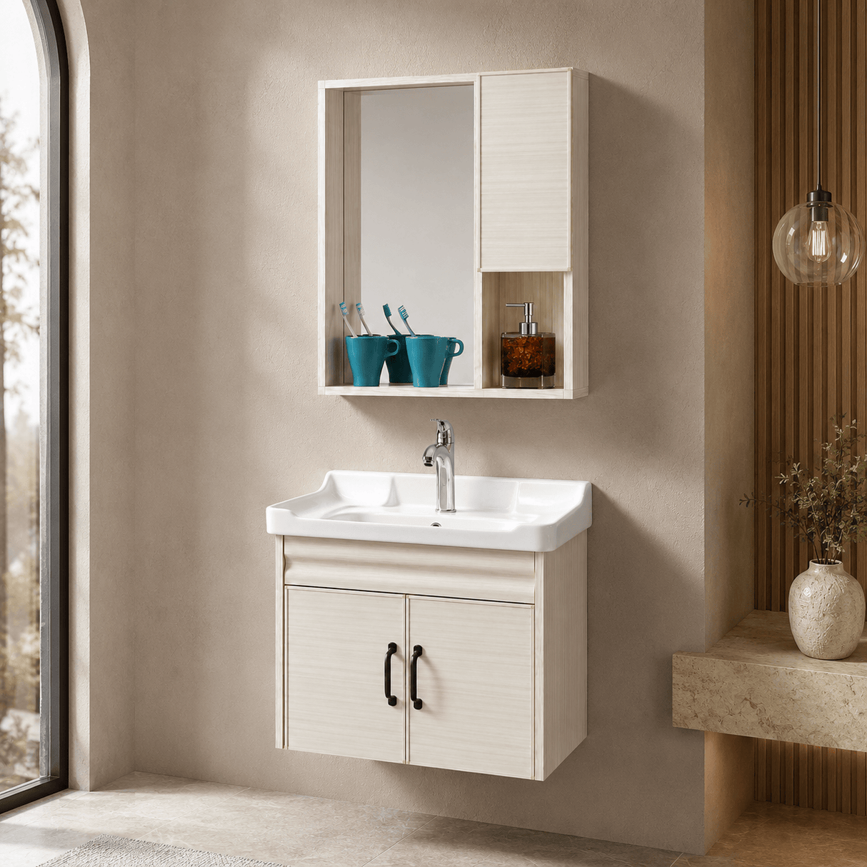 Wahkit Bathroom Vanity & Cabinets Wahkit Light Oak Double Door PVC Bathroom Vanity with Basin and Mirror 600mm - K-9270