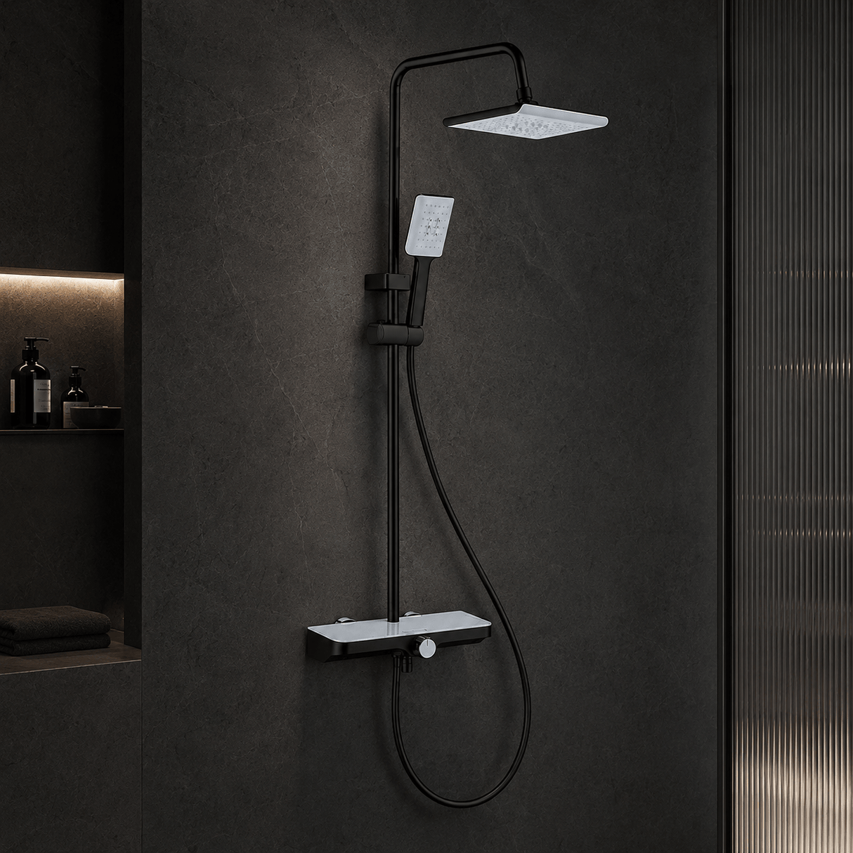 Wahkit Shower Set & Head Wahkit Matte Black Shelf Bar Wall Mounted Shower System in ABS and PPA - K-8844H