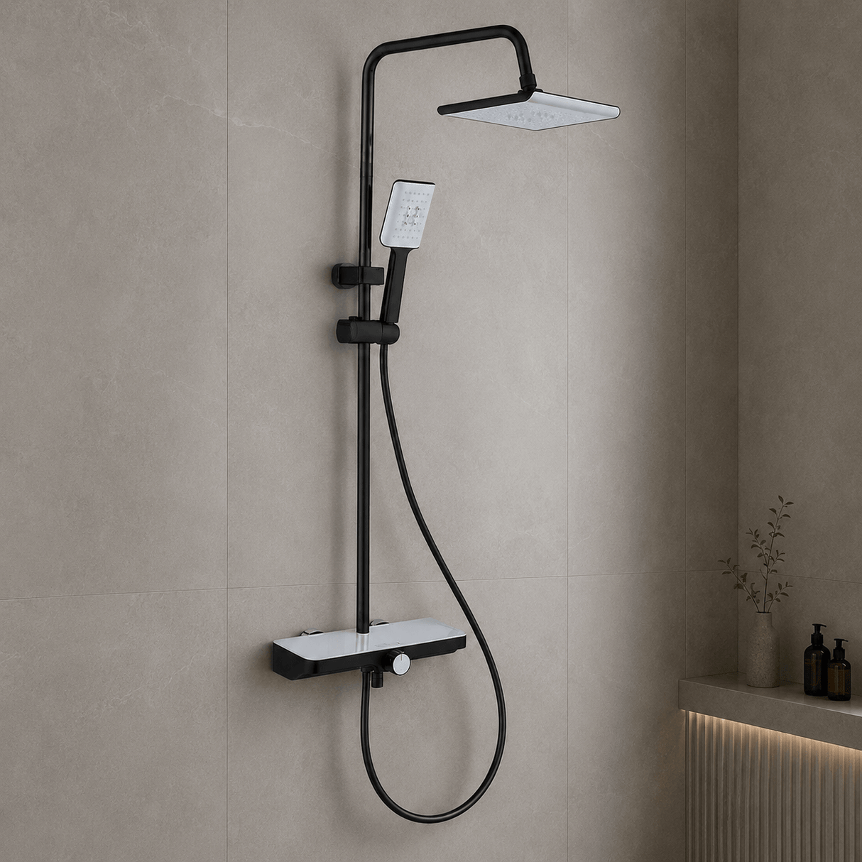 Wahkit Shower Set & Head Wahkit Matte Black Shelf Bar Wall Mounted Shower System in ABS and PPA - K-8844H