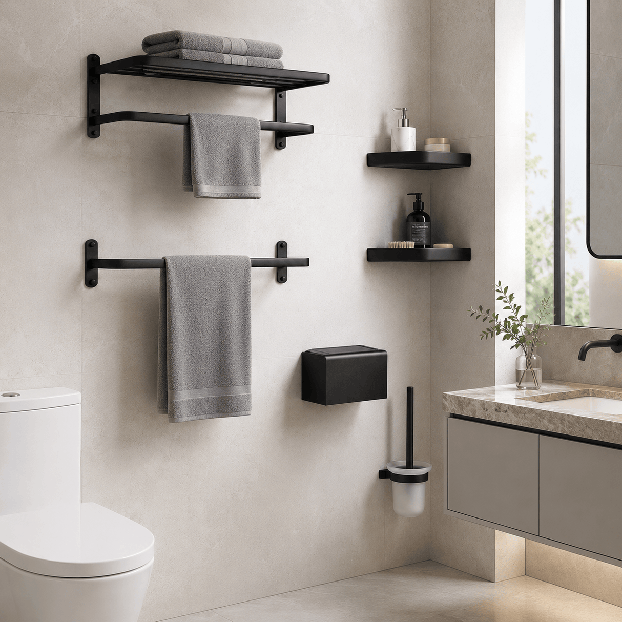 Wahkit Bathroom Accessories Wahkit Matte Black Six Piece Bathroom Accessory Set in Space Aluminum - K-G912B
