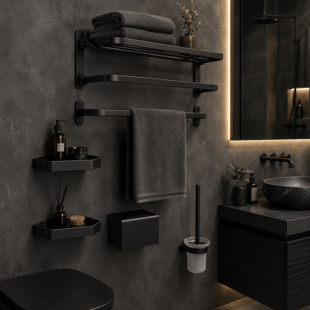 Wahkit Bathroom Accessories Wahkit Matte Black Six Piece Bathroom Accessory Set in Space Aluminum - K-G912B