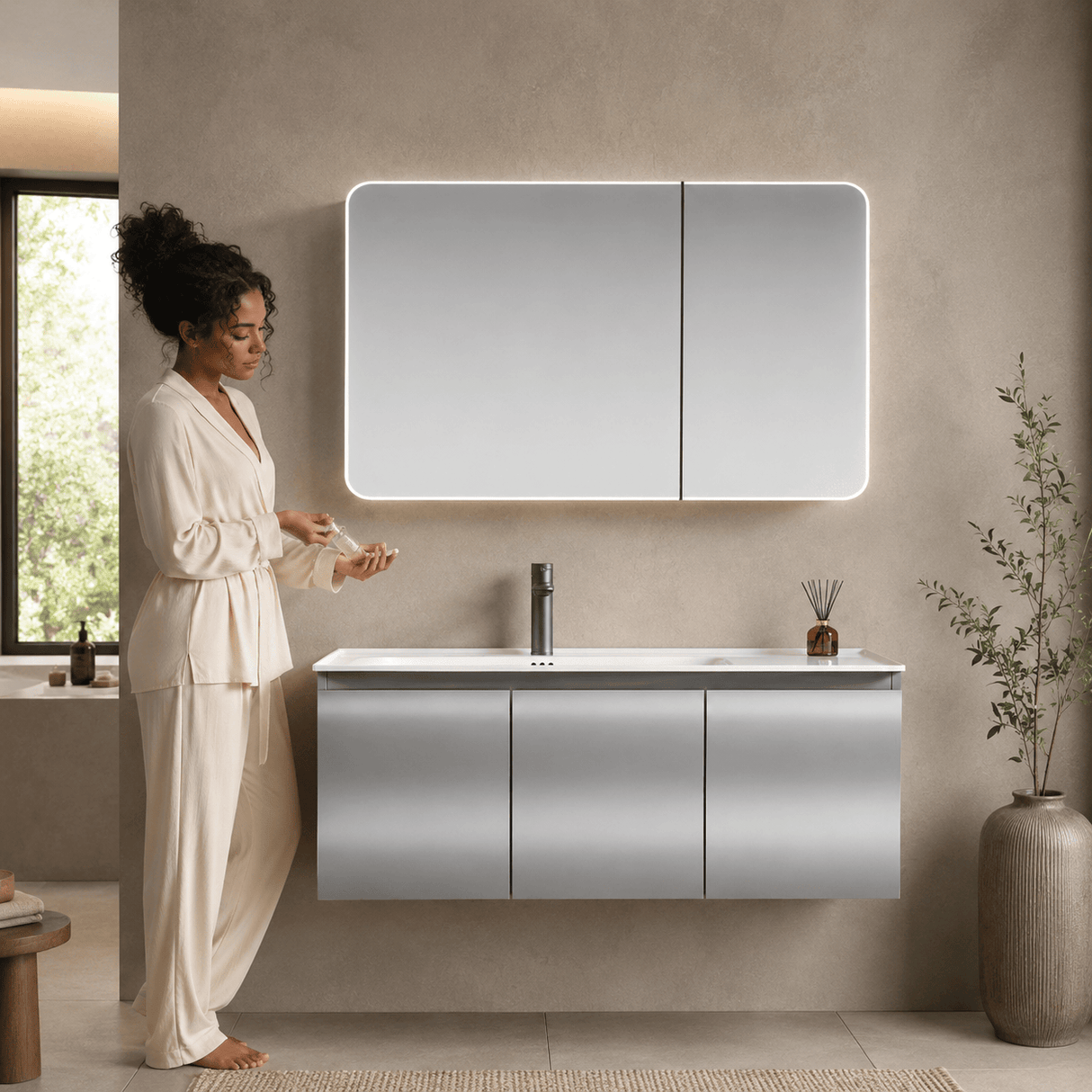Wahkit Bathroom Vanity & Cabinets Wahkit Silver Grey Floating PVC Bathroom Vanity with Basin and Mirror 1000mm - K-6120A