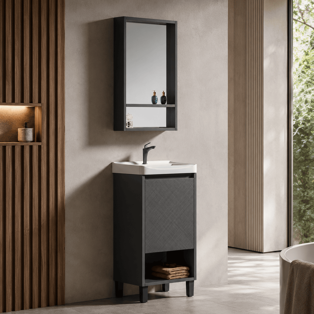 Wahkit Bathroom Vanity & Cabinets Wahkit Tall Charcoal Grey Plywood Bathroom Vanity with Basin and Mirror 430mm - K-9064B