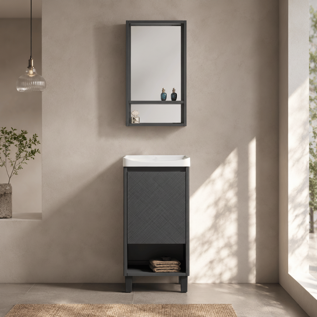Wahkit Bathroom Vanity & Cabinets Wahkit Tall Charcoal Grey Plywood Bathroom Vanity with Basin and Mirror 430mm - K-9064B