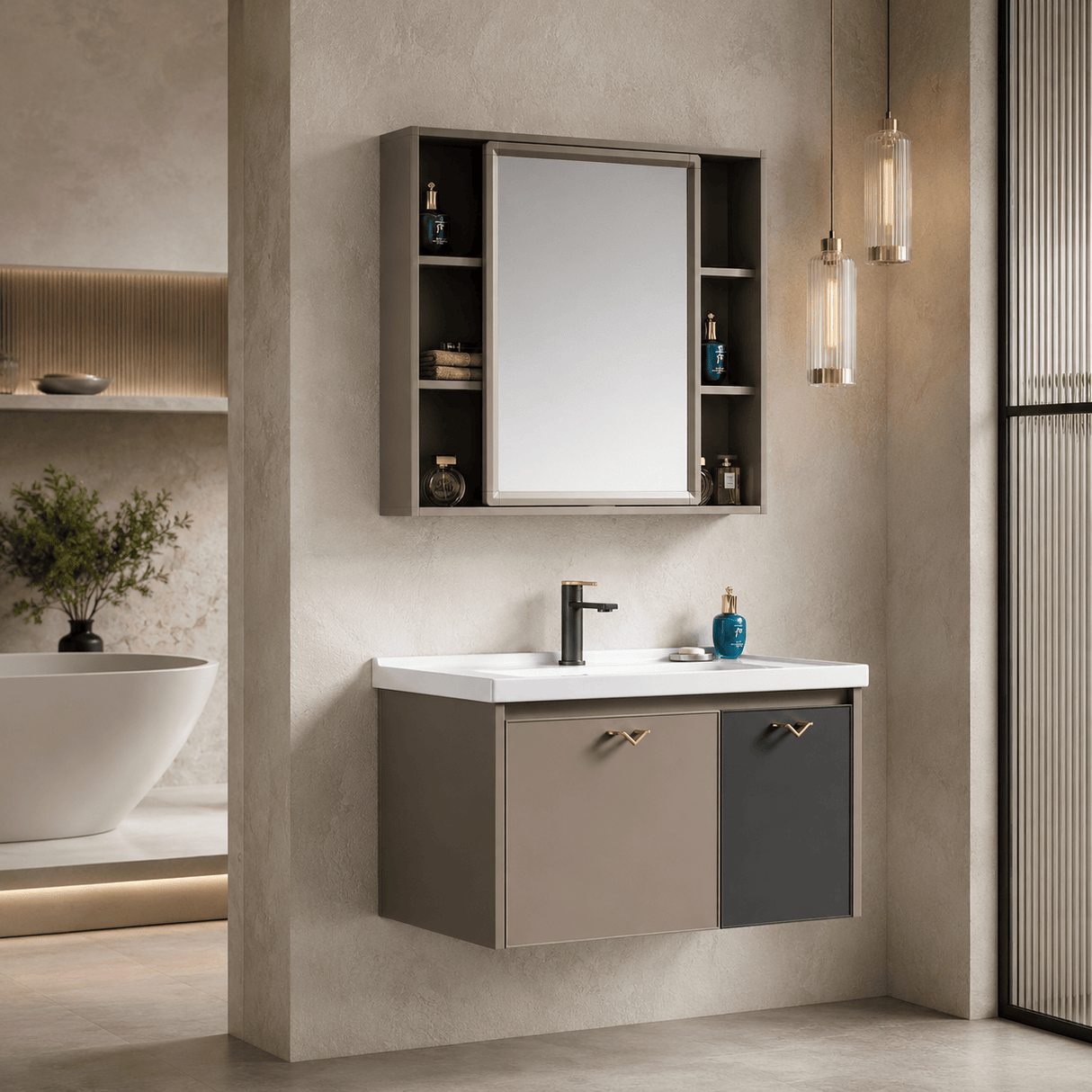 Wahkit Bathroom Vanity & Cabinets Wahkit Taupe PVC Bathroom Vanity with Basin and Mirror 600mm - K-9635