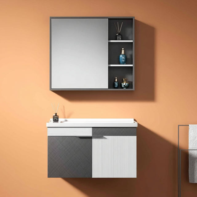 Wahkit Bathroom Vanity & Cabinets Wahkit Two-Tone Charcoal White Fluted Plywood Bathroom Vanity with Mirror Cabinet 600mm - K-9085A