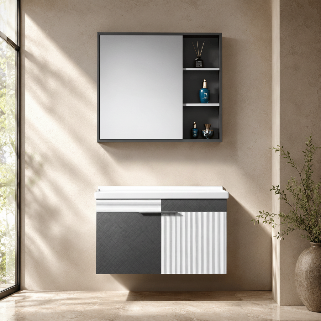Wahkit Bathroom Vanity & Cabinets Wahkit Two-Tone Charcoal White Fluted Plywood Bathroom Vanity with Mirror Cabinet 600mm - K-9085A