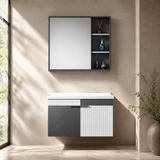 Wahkit Bathroom Vanity & Cabinets Wahkit Two-Tone Charcoal White Fluted Plywood Bathroom Vanity with Mirror Cabinet 600mm - K-9085A