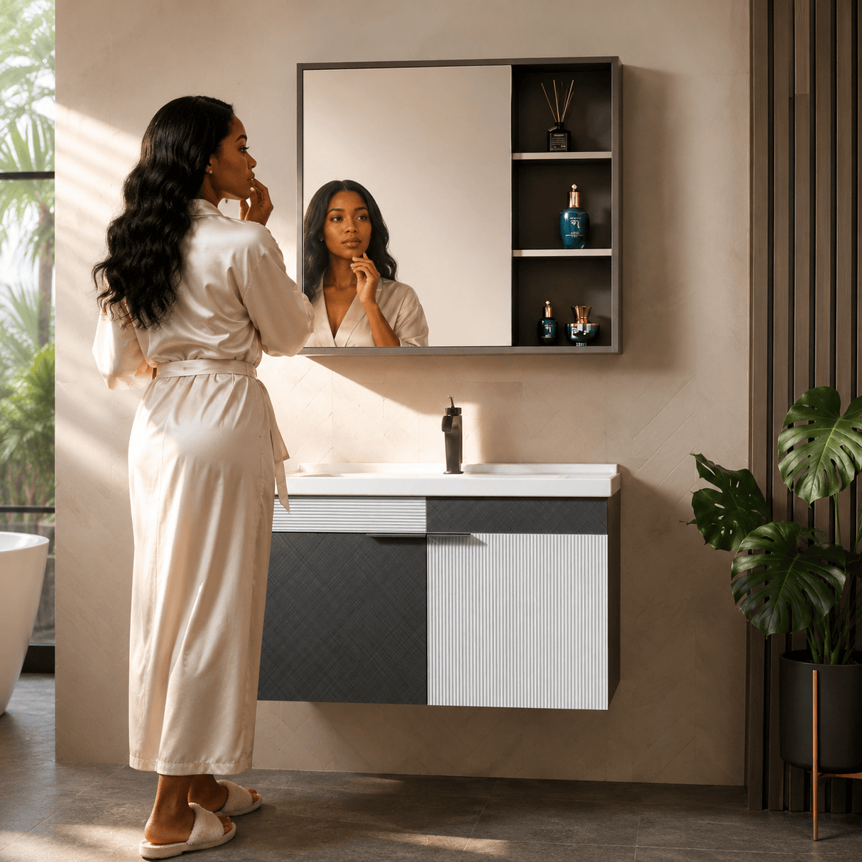 Wahkit Bathroom Vanity & Cabinets Wahkit Two-Tone Charcoal White Fluted Plywood Bathroom Vanity with Mirror Cabinet 600mm - K-9085A