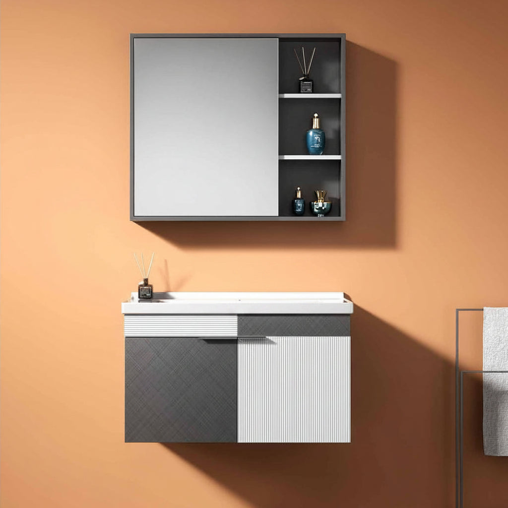 Wahkit Bathroom Vanity & Cabinets Wahkit Two-Tone Charcoal White Fluted Plywood Bathroom Vanity with Mirror Cabinet 800mm - K-9082