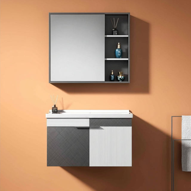 Wahkit Bathroom Vanity & Cabinets Wahkit Two-Tone Charcoal White Fluted Plywood Bathroom Vanity with Mirror Cabinet 800mm - K-9082