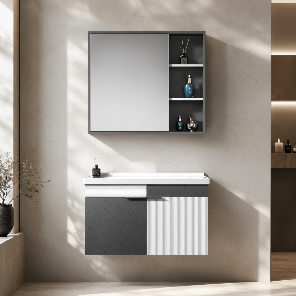 Wahkit Bathroom Vanity & Cabinets Wahkit Two-Tone Charcoal White Fluted Plywood Bathroom Vanity with Mirror Cabinet 800mm - K-9082