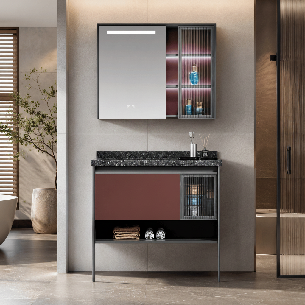 Wahkit Bathroom Vanity & Cabinets Wahkit Warm Wood Plywood and Marble Bathroom Vanity with Basin and Smart Mirror 1000mm - K-9041A