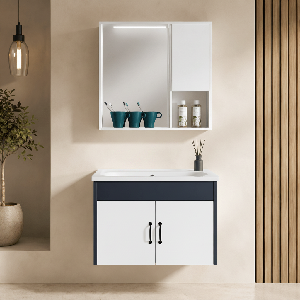 Wahkit Bathroom Vanity & Cabinets Wahkit White Double Door PVC Bathroom Vanity with Charcoal Accent and Mirror Cabinet 800mm - K-9230