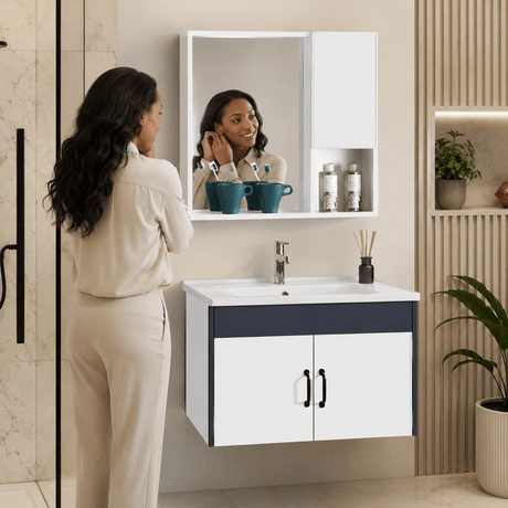 Wahkit Bathroom Vanity & Cabinets Wahkit White Double Door PVC Bathroom Vanity with Charcoal Accent and Mirror Cabinet 800mm - K-9230