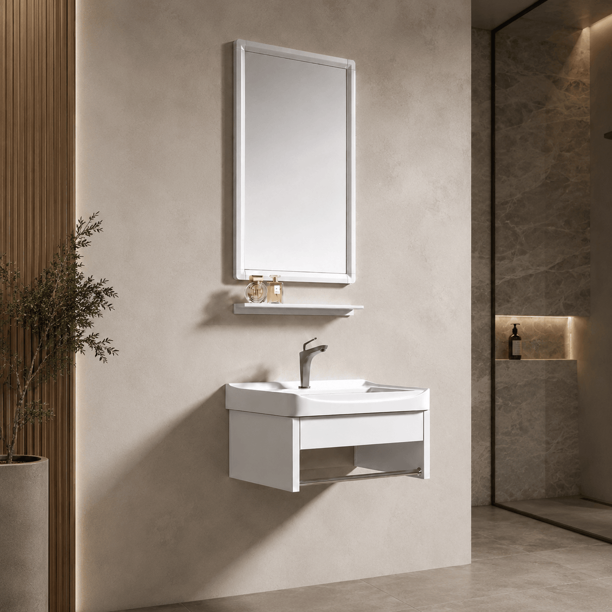 Wahkit Bathroom Vanity & Cabinets Wahkit White Floating Compact PVC Bathroom Vanity with Mirror 430mm - K-9908