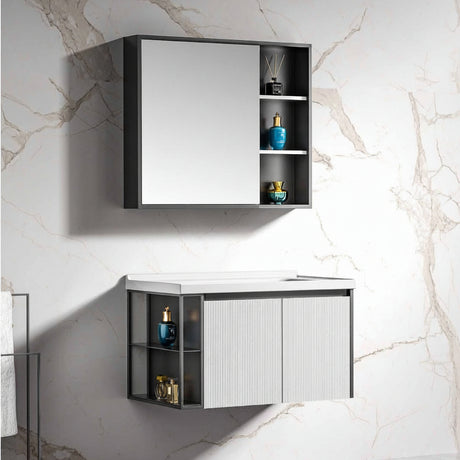 Wahkit Bathroom Vanity & Cabinets Wahkit White Fluted Plywood Bathroom Vanity with Black Accent Mirror Cabinet 800mm - K-9063