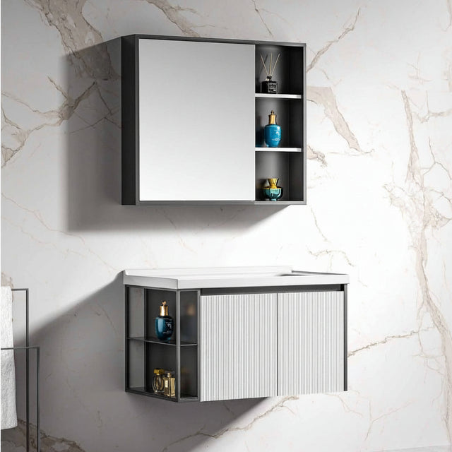 Wahkit Bathroom Vanity & Cabinets Wahkit White Fluted Plywood Bathroom Vanity with Black Accent Mirror Cabinet 800mm - K-9063