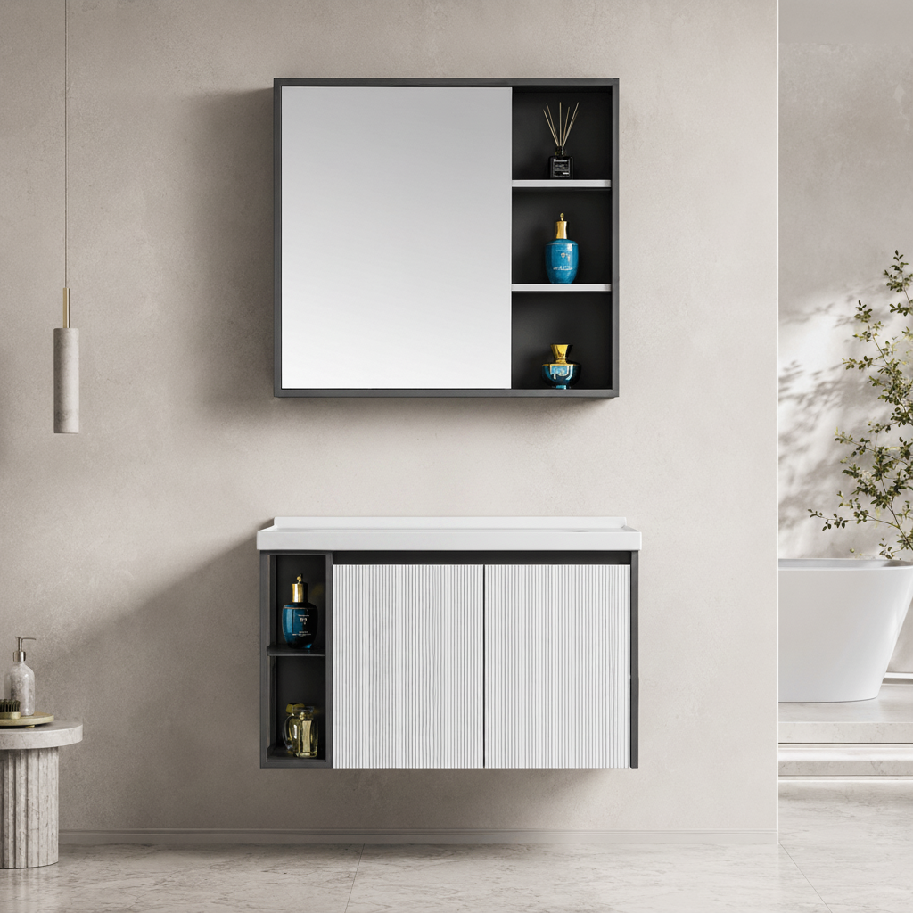 Wahkit Bathroom Vanity & Cabinets Wahkit White Fluted Plywood Bathroom Vanity with Black Accent Mirror Cabinet 800mm - K-9063