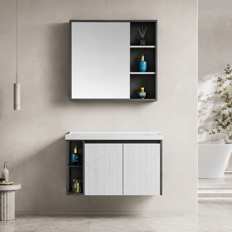 Wahkit Bathroom Vanity & Cabinets Wahkit White Fluted Plywood Bathroom Vanity with Black Accent Mirror Cabinet 800mm - K-9063