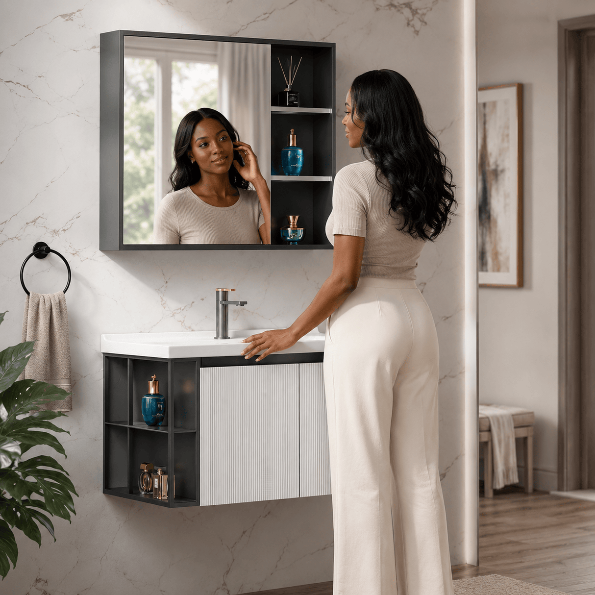 Wahkit Bathroom Vanity & Cabinets Wahkit White Fluted Plywood Bathroom Vanity with Black Accent Mirror Cabinet 800mm - K-9063