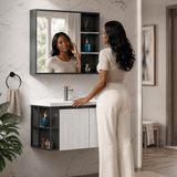 Wahkit Bathroom Vanity & Cabinets Wahkit White Fluted Plywood Bathroom Vanity with Black Accent Mirror Cabinet 800mm - K-9063