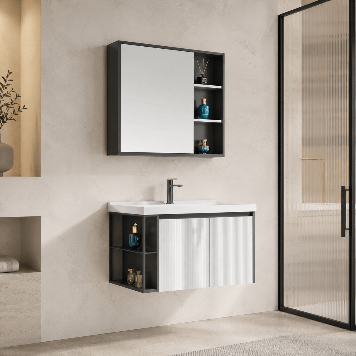 Wahkit Bathroom Vanity & Cabinets Wahkit White Fluted Plywood Bathroom Vanity with Black Accent Mirror Cabinet 800mm - K-9063