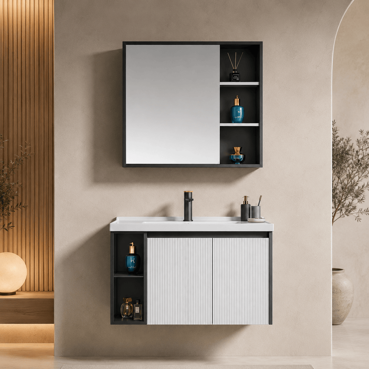 Wahkit Bathroom Vanity & Cabinets Wahkit White Fluted Plywood Bathroom Vanity with Black Accent Mirror Cabinet 800mm - K-9063