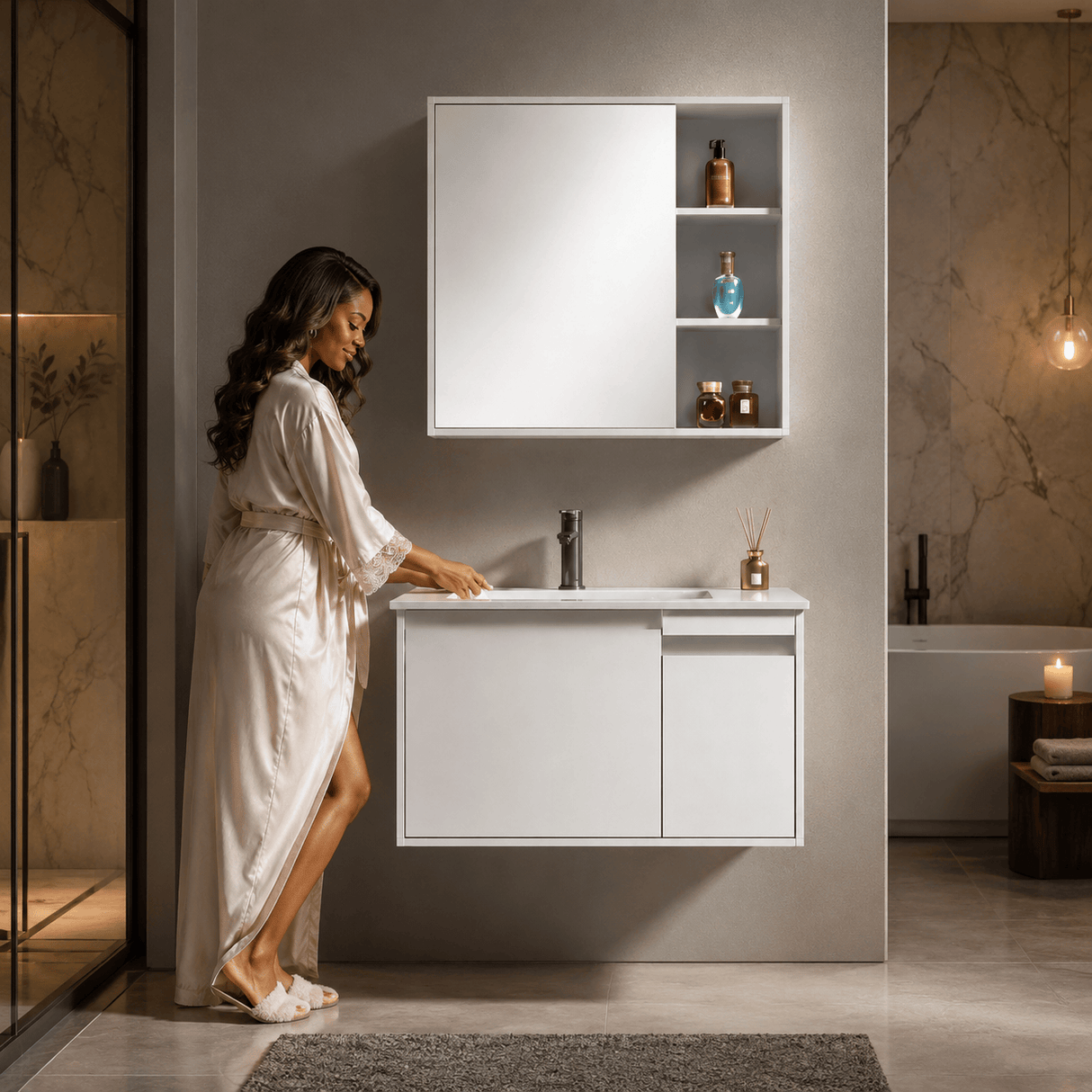 Wahkit Bathroom Vanity & Cabinets Wahkit White PVC and Marble Bathroom Vanity with Mirror Cabinet 600mm - K-9753C