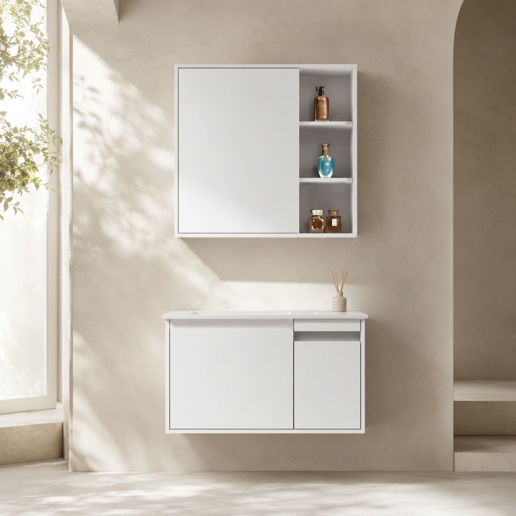 Wahkit Bathroom Vanity & Cabinets Wahkit White PVC and Marble Bathroom Vanity with Mirror Cabinet 600mm - K-9753C