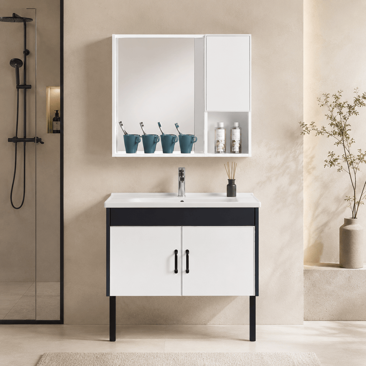 Wahkit Bathroom Vanity & Cabinets Wahkit White PVC Bathroom Vanity with Charcoal Accent and Mirror Cabinet 800mm  - K-9230B