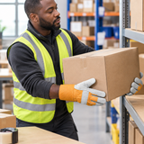 Warehouse worker wearing Coofix leather gloves while moving a carton