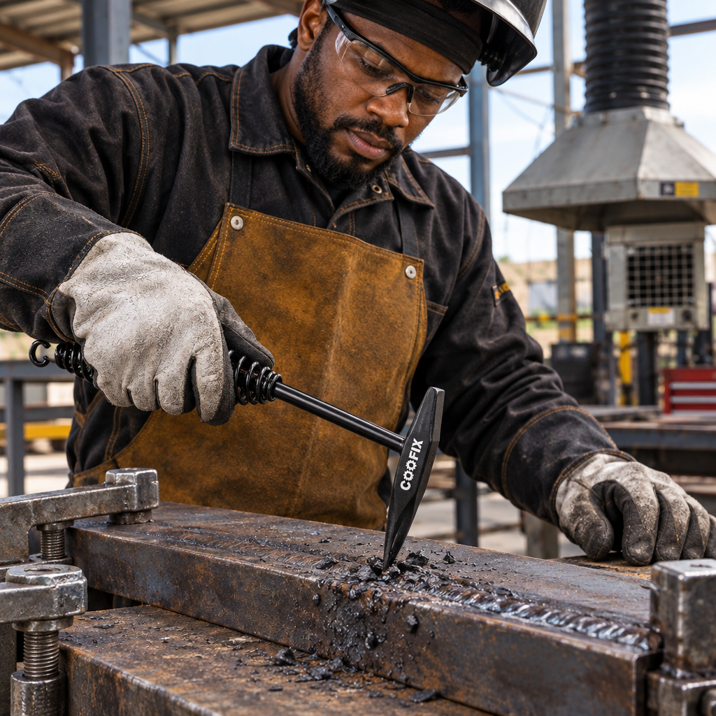 Welder using the Coofix hammer to chip slag from a cooled weld