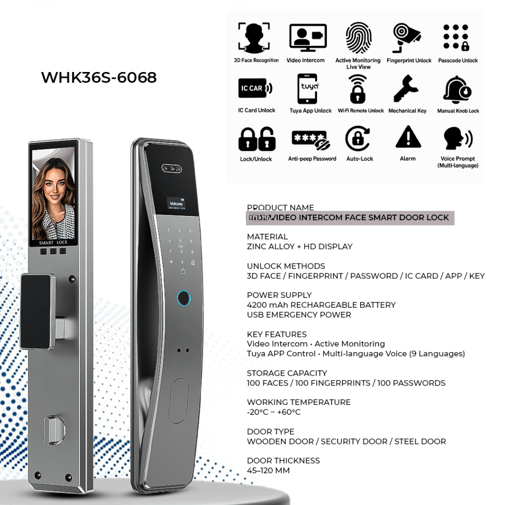 Westa Smart Locks & Digital Access Westa 100-User Smart Door Lock with 3D Face Recognition, Fingerprint Unlock & Video Intercom for Chinese Style Doors - WHK36S-6068