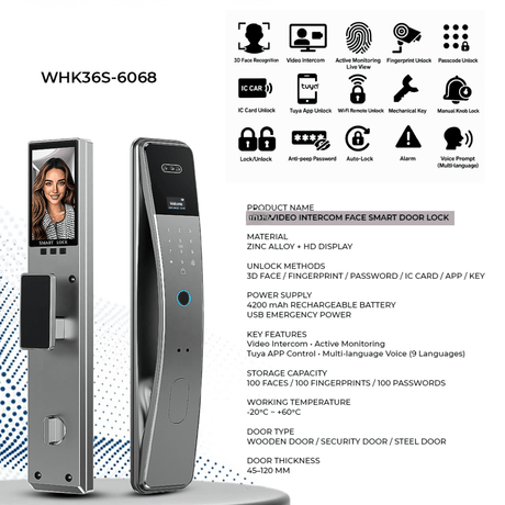 Westa Smart Locks & Digital Access Westa 100-User Smart Door Lock with 3D Face Recognition, Fingerprint Unlock & Video Intercom for Chinese Style Doors - WHK36S-6068