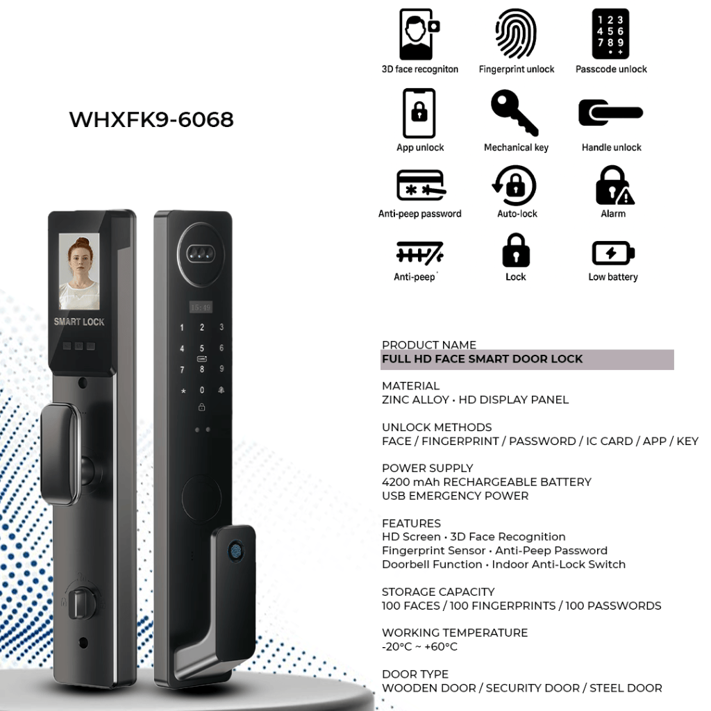 Westa Smart Locks & Digital Access Westa Full HD Smart Lock with Face Recognition, Fingerprint Unlock & App Unlock for Chinese Style Doors - WHXFK9-6068