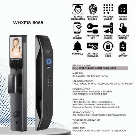 Westa Smart Locks & Digital Access Westa Full-Screen Smart Lock with Face Recognition, Fingerprint Unlock & App Unlock for Chinese Style Doors - WHXF18-6068