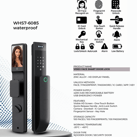 Westa Smart Locks & Digital Access Westa IP66 Waterproof Full HD Screen Smart Door Lock with 3D Face Recognition, Fingerprint Unlock & Video Intercom for Turkish Doors - WHS7-6085