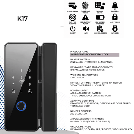 Westa Smart Locks & Digital Access Westa Smart Glass Door Lock with Fingerprint, Password, Card & Bluetooth App Control - K17