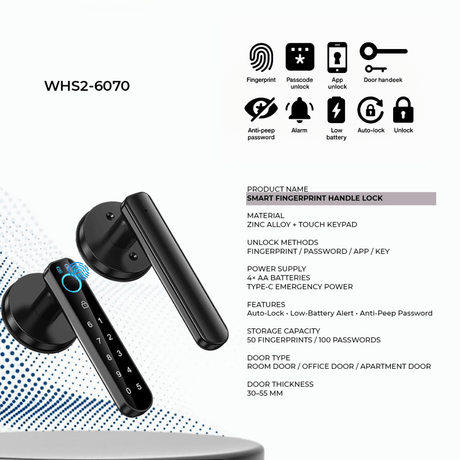 Westa Smart Locks & Digital Access Westa Smart Lever Door Lock with Fingerprint, Passcode & Bluetooth App Unlock for Interior Doors - WHS2-60/70