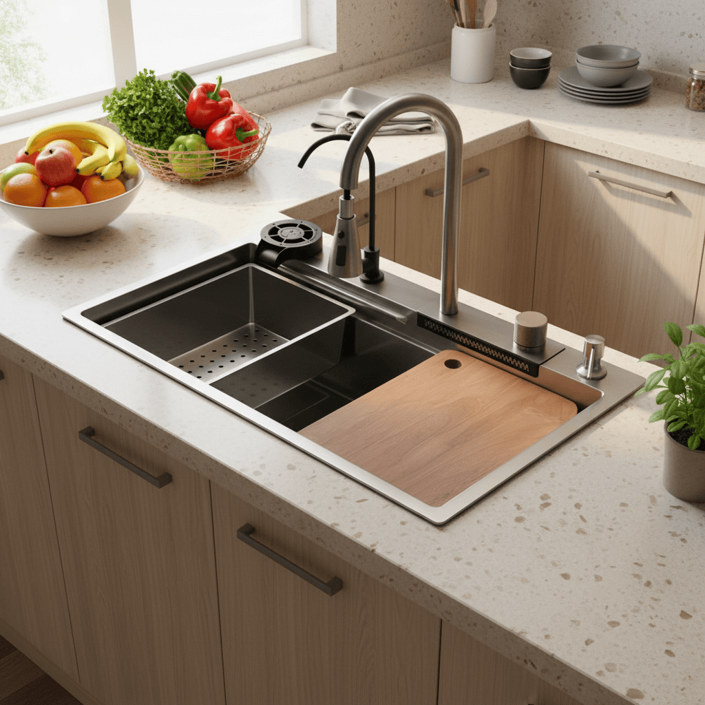 Westa Kitchen Sink Westa Workstation Sink with Pull-Out Faucet, Cutting Board & Accessories - 7545 FY