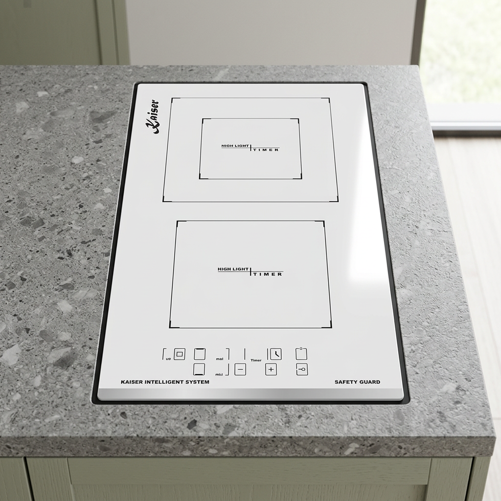 White Kaiser ceramic hob installed in a compact kitchen