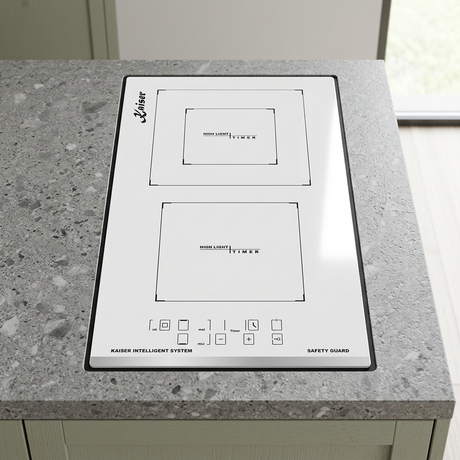 White Kaiser ceramic hob installed in a compact kitchen