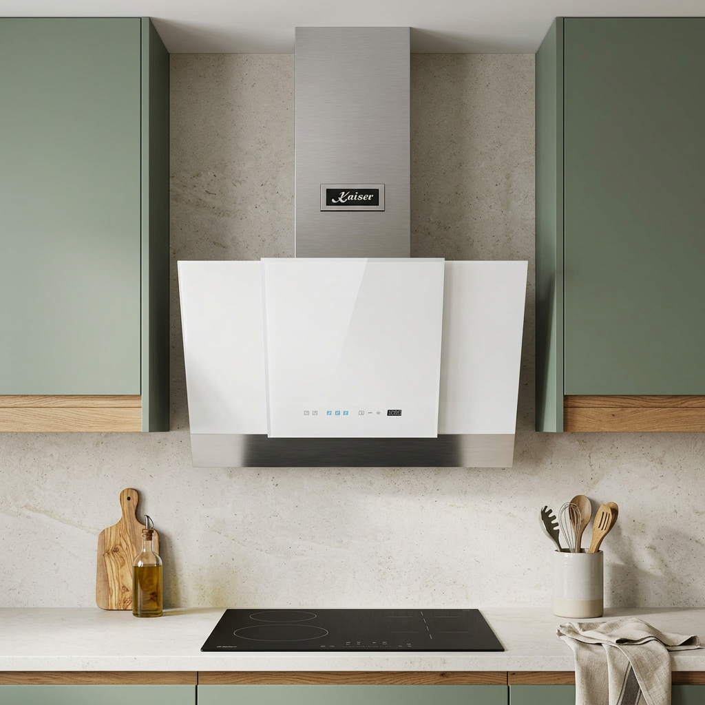 White Kaiser Grand Chef cooker hood in a sage-and-stone kitchen